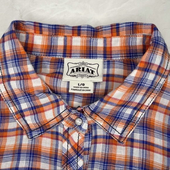 Ariat Blue Orange Plaid Embroidered Back Long Sleeve Button Down Shirt Size L - Picture 4 of 7